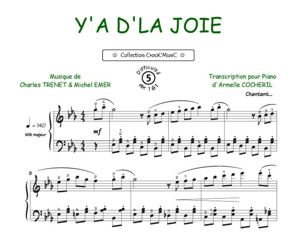 Y'a d'la Joie de Charles Trenet, Feuillet pour piano