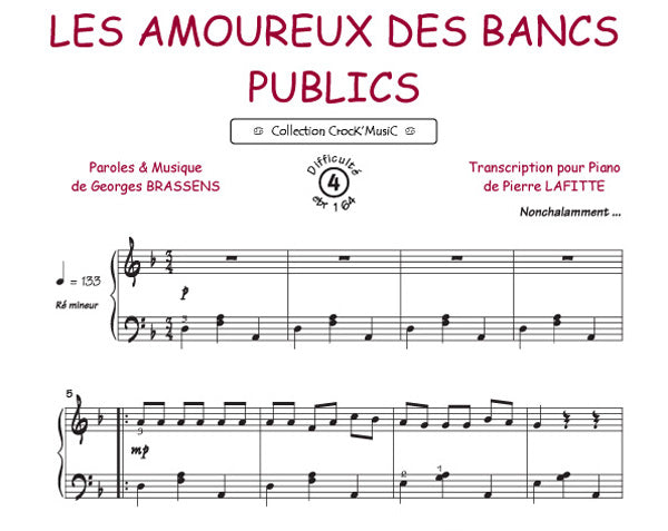 Les amoureux des bancs publics de Georges Brassens, Feuillet pour piano