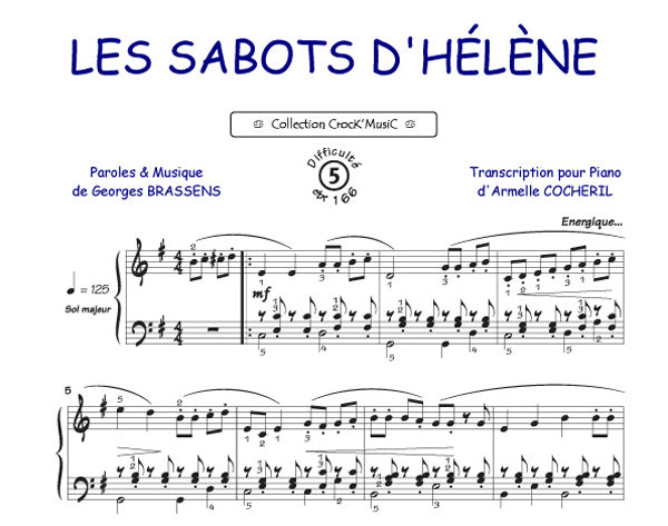 Les sabots d'Hélène de Georges Brassens, Feuillet pour piano