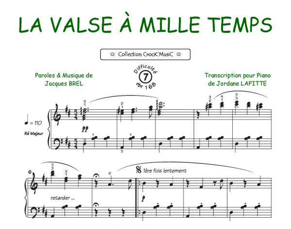 La Valse à Mille Temps de Jacques Brel, Feuillet pour piano