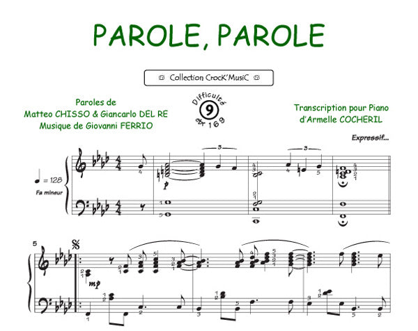 Parole, Parole de Matteo Chisso, Feuillet pour piano