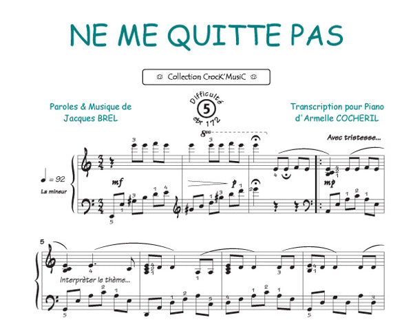 Ne me quitte pas de Jacques Brel, Feuillet pour piano