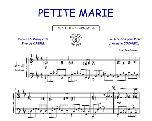 Petite Marie de Francis Cabrel, Feuillet pour piano