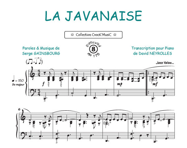 La Javanaise de Serge Gainsbourg, Feuillet pour piano