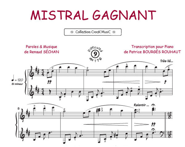 Mistral gagnant de Renaud Séchan, Feuillet pour piano