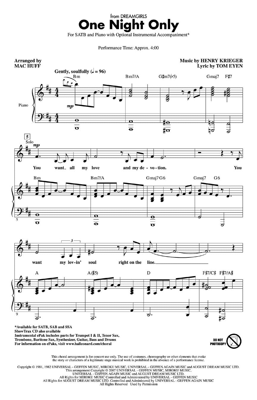 One Night Only de Henry Krieger, Partition chorale pour sATB