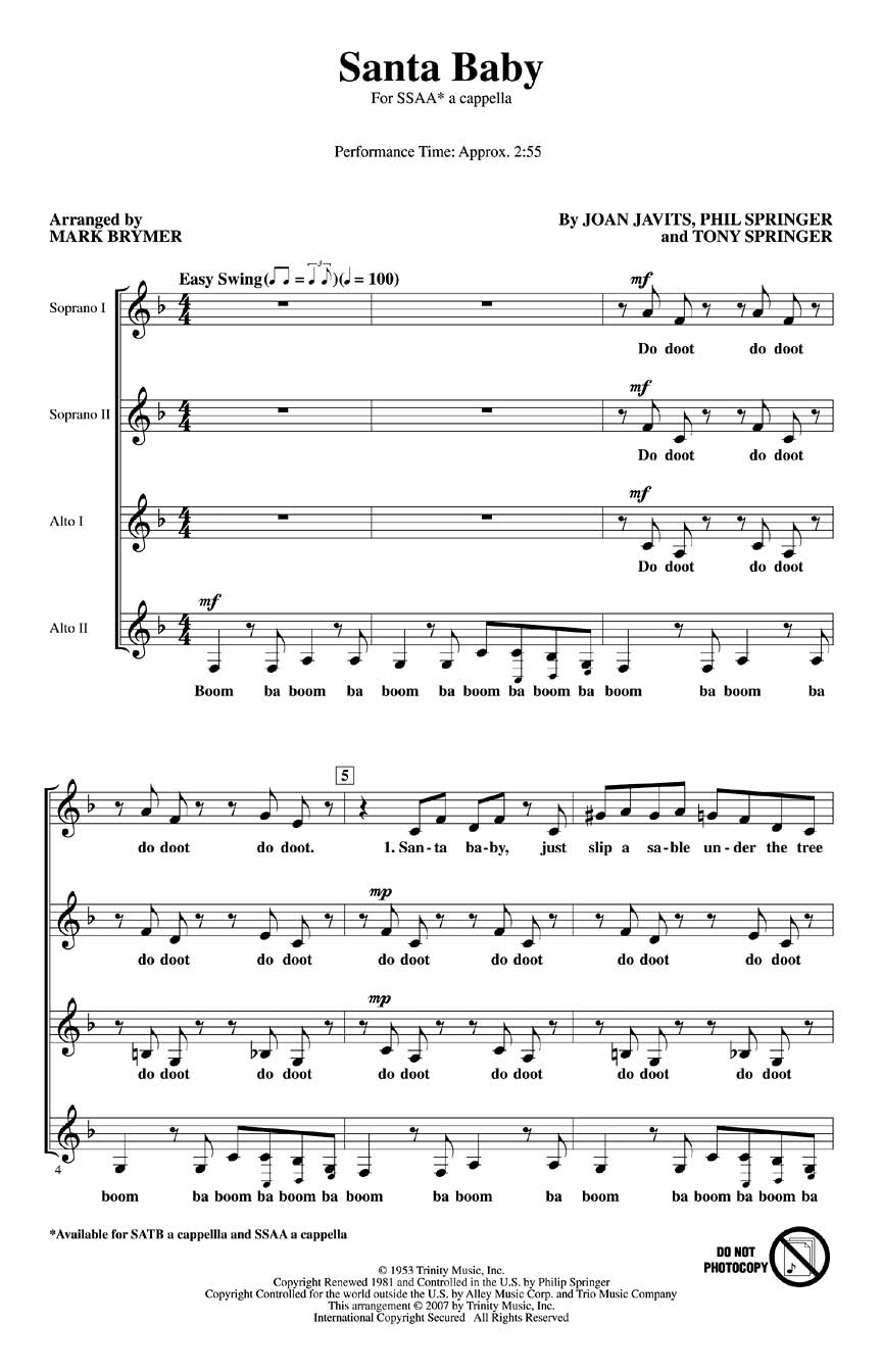 Santa Baby, Partition chorale pour sSAA a Cappella