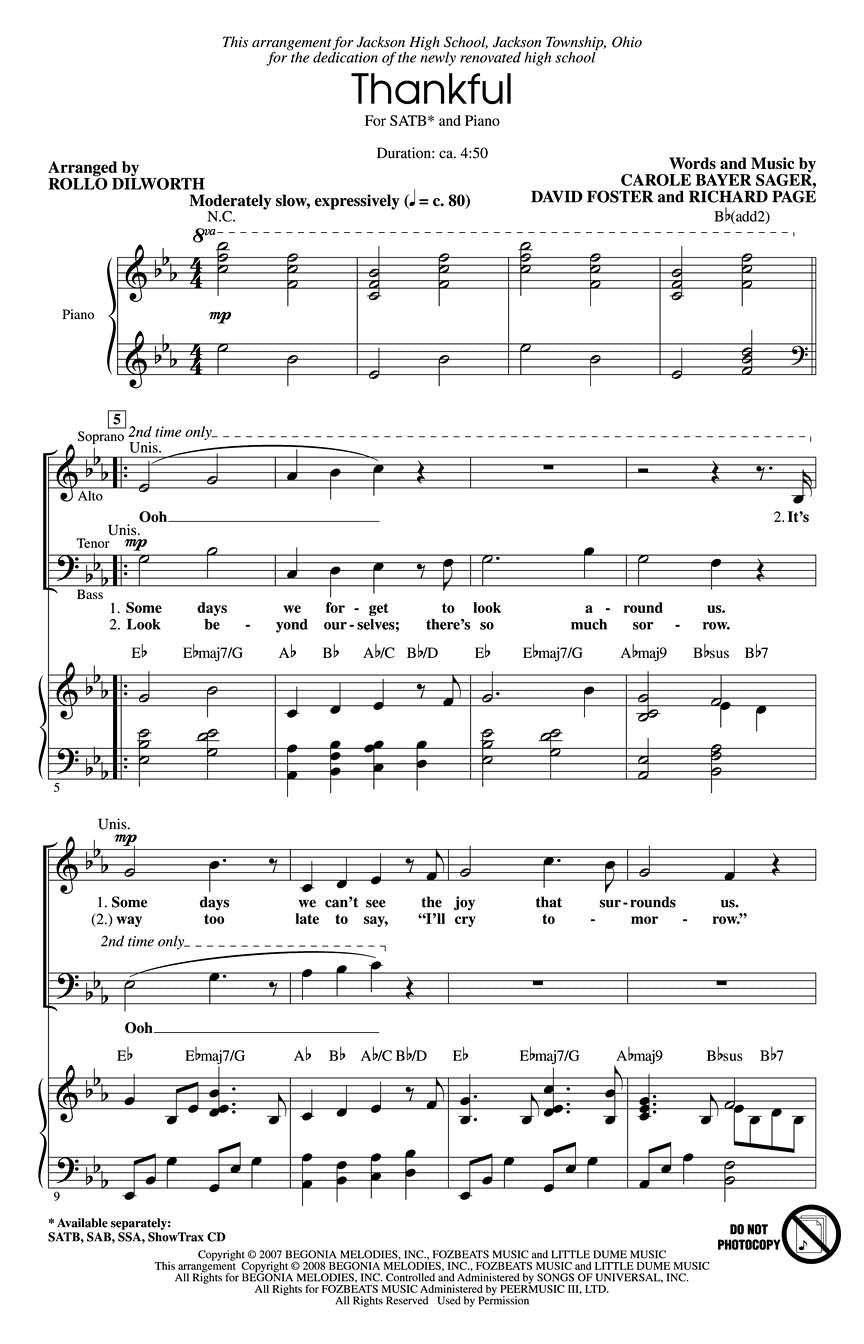 Thankful, Partition chorale pour sATB