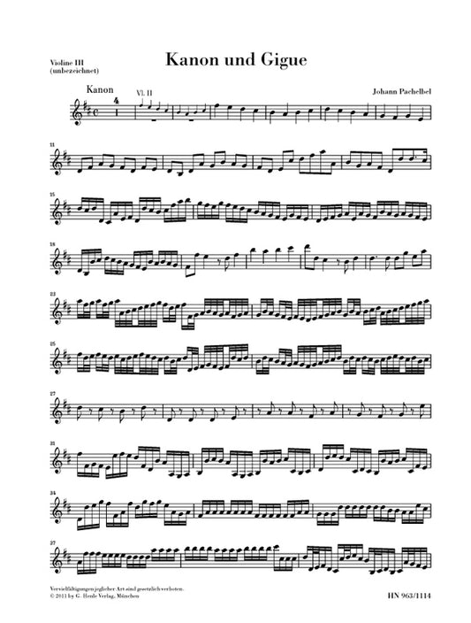 Canon et Gigue en ré majeur - Partie de violon 3 | Johann Pachelbel