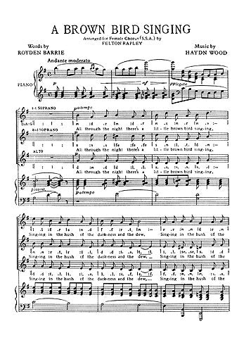 Brown Bird Singing de Haydn Wood, Réduction pour piano pour sSA