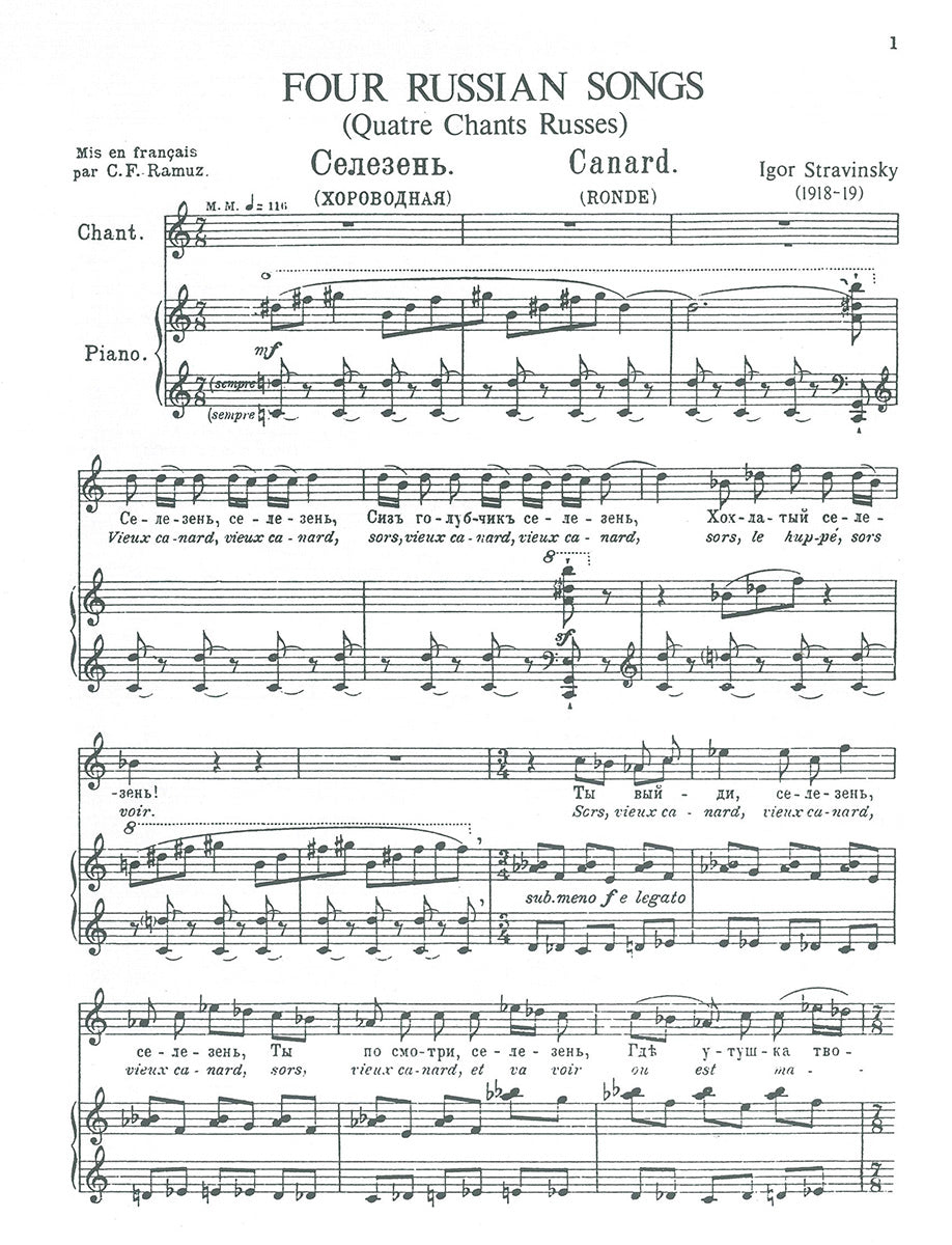 4 Russian Songs de Igor Stravinsky, Livre pour voix aiguë et Piano