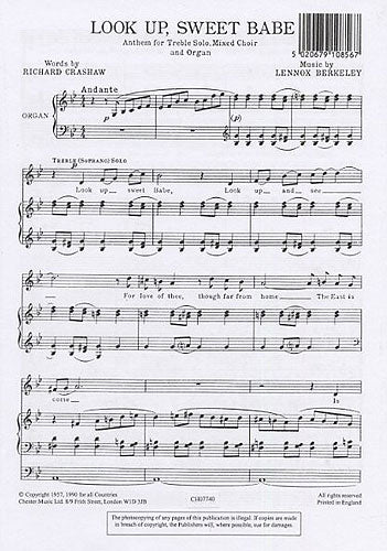 Look Up Sweet Babe Op.43 No.2 de Lennox Berkeley, Partition chorale pour voix de soprano et SATB et Orgue