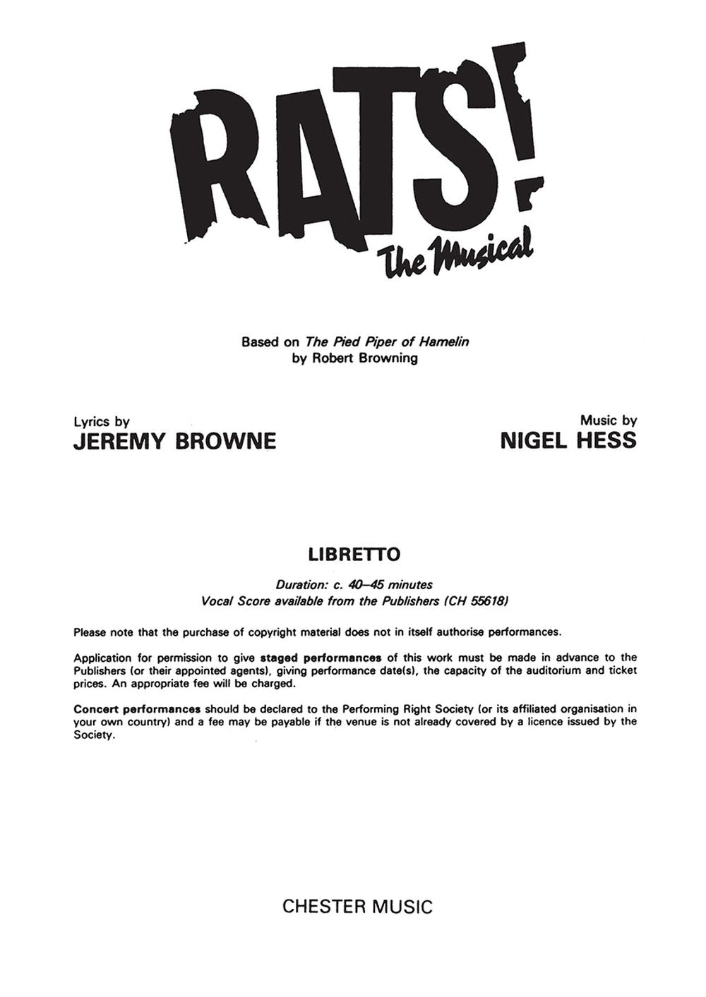 Rats! The Musical (Libretto) 10+ Copies de Nigel Hess, Livre
