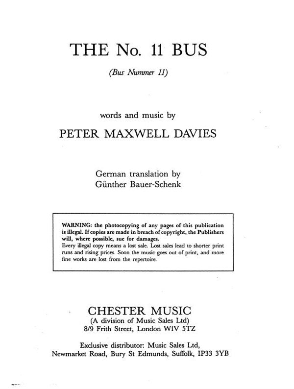 No 11 Bus de Peter Maxwell Davies, Partition pour piano