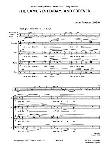 The Same Yesterday, Today And Forever de John Tavener, Partition chorale pour sATB et Percussion