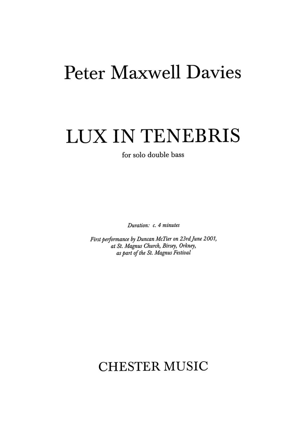 Lux In Tenebris de Peter Maxwell Davies, Livre pour contrebasse
