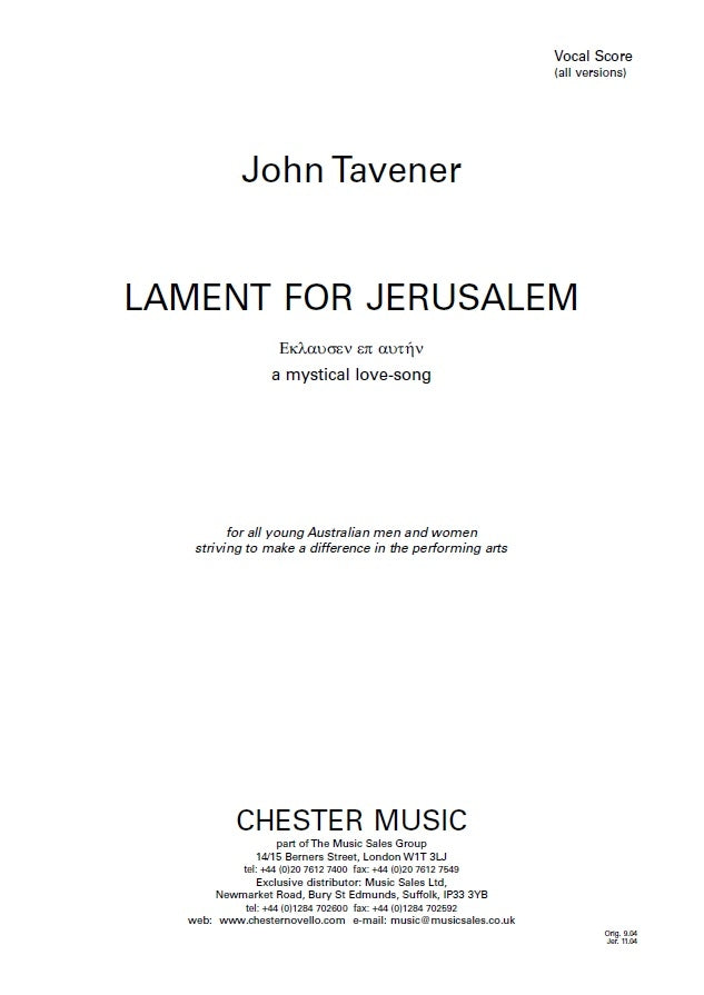 Lament For Jerusalem de John Tavener, Réduction pour piano pour soprano et Contre-ténor et SATB et Accompagnement de piano