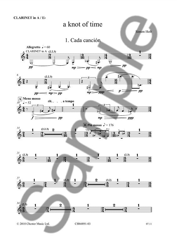 A Knot Of Time - Parts de Simon Holt, Livre pour soprano et Clarinette et Alto et Violoncelle et Contrebasse