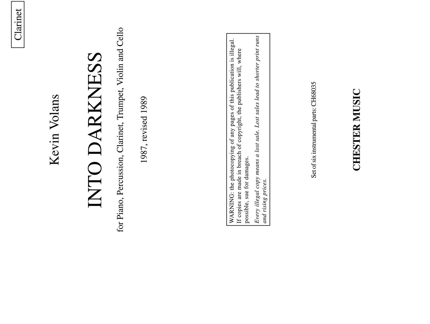 Into Darkness (Parts) de Kevin Volans, Livre pour ensemble de chambre
