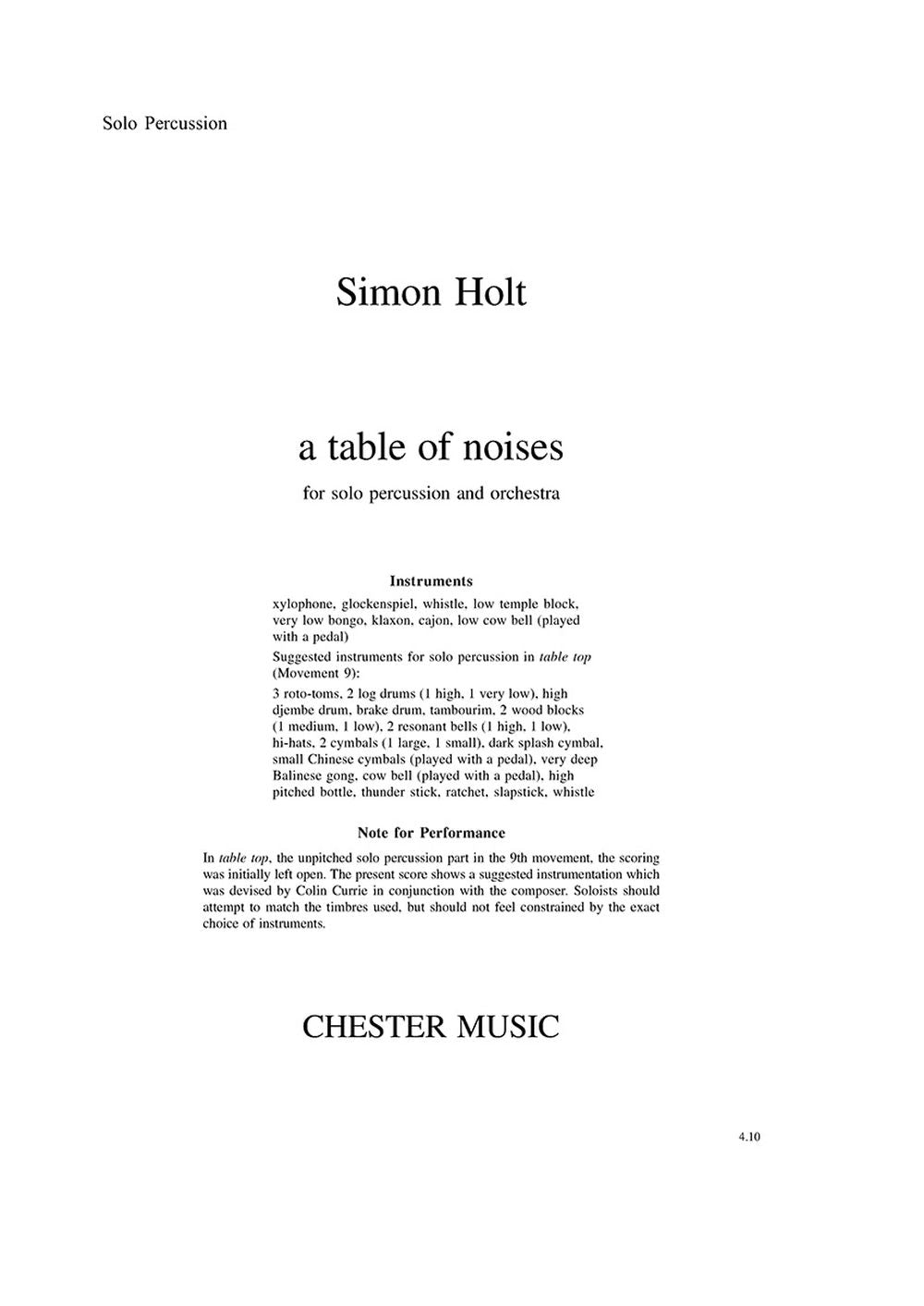A Table Of Noises (Percussion Part) de Simon Holt, Livre pour percussion