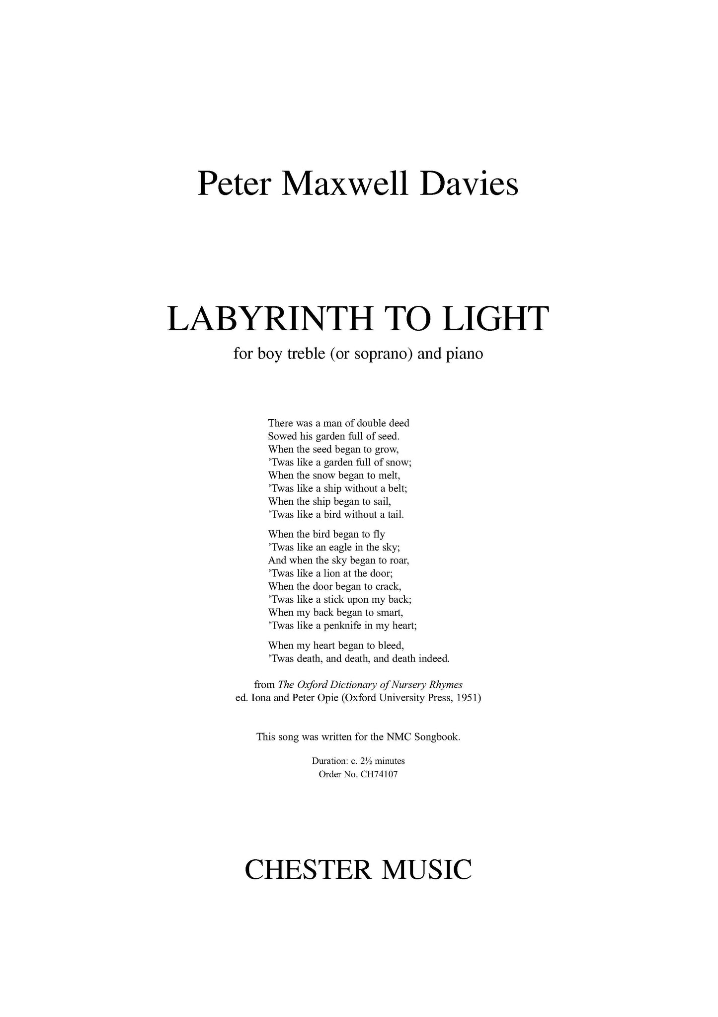 Labyrinth To Light de Peter Maxwell Davies, Livre pour voix de soprano et Piano