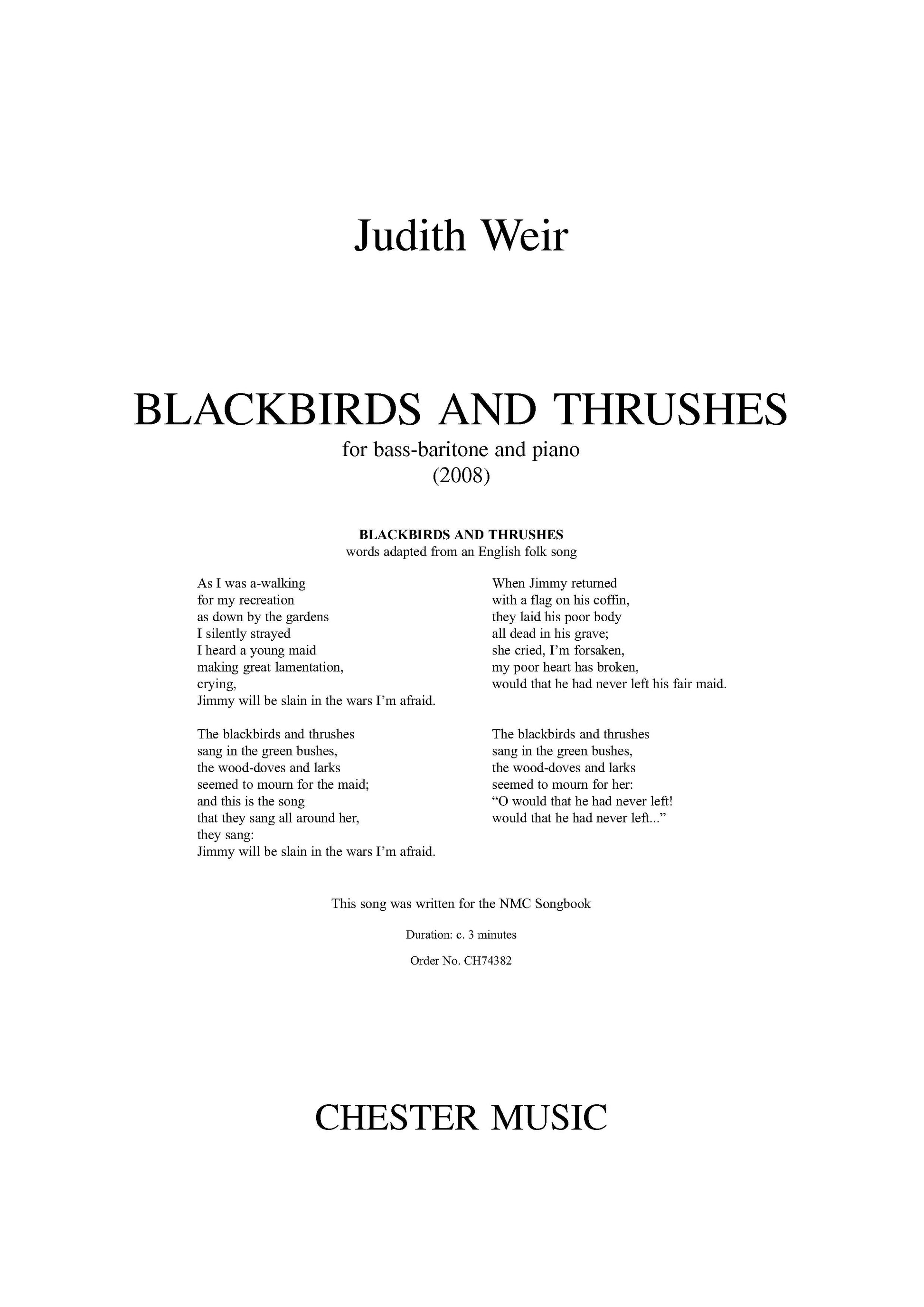 Blackbirds And Thrushes - Bass-Baritone/Piano de Judith Weir