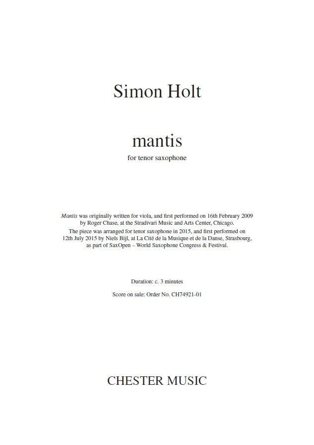 Mantis de Simon Holt, Livre pour saxophone ténor