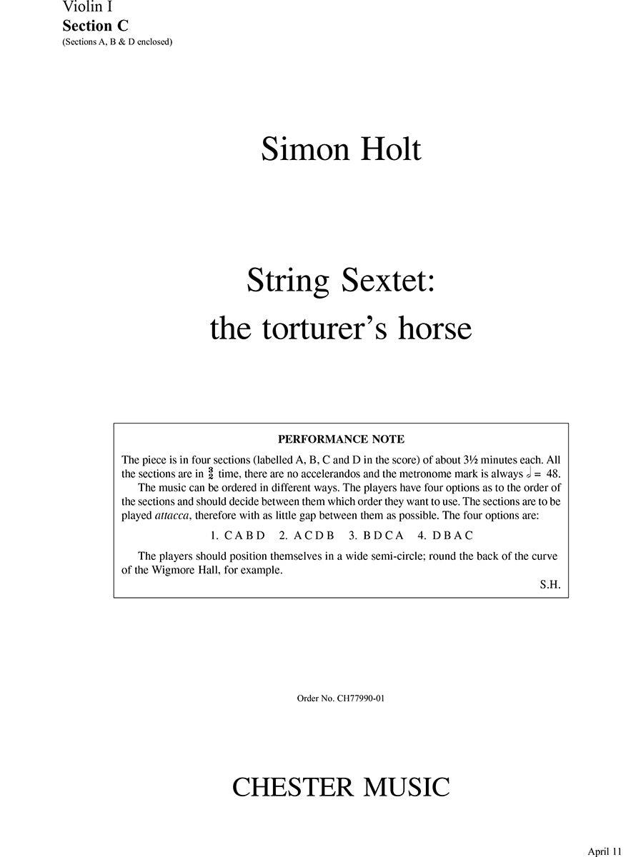 String Sextet - The Torturer's Horse (Parts) de Simon Holt, Livre pour string Sextet