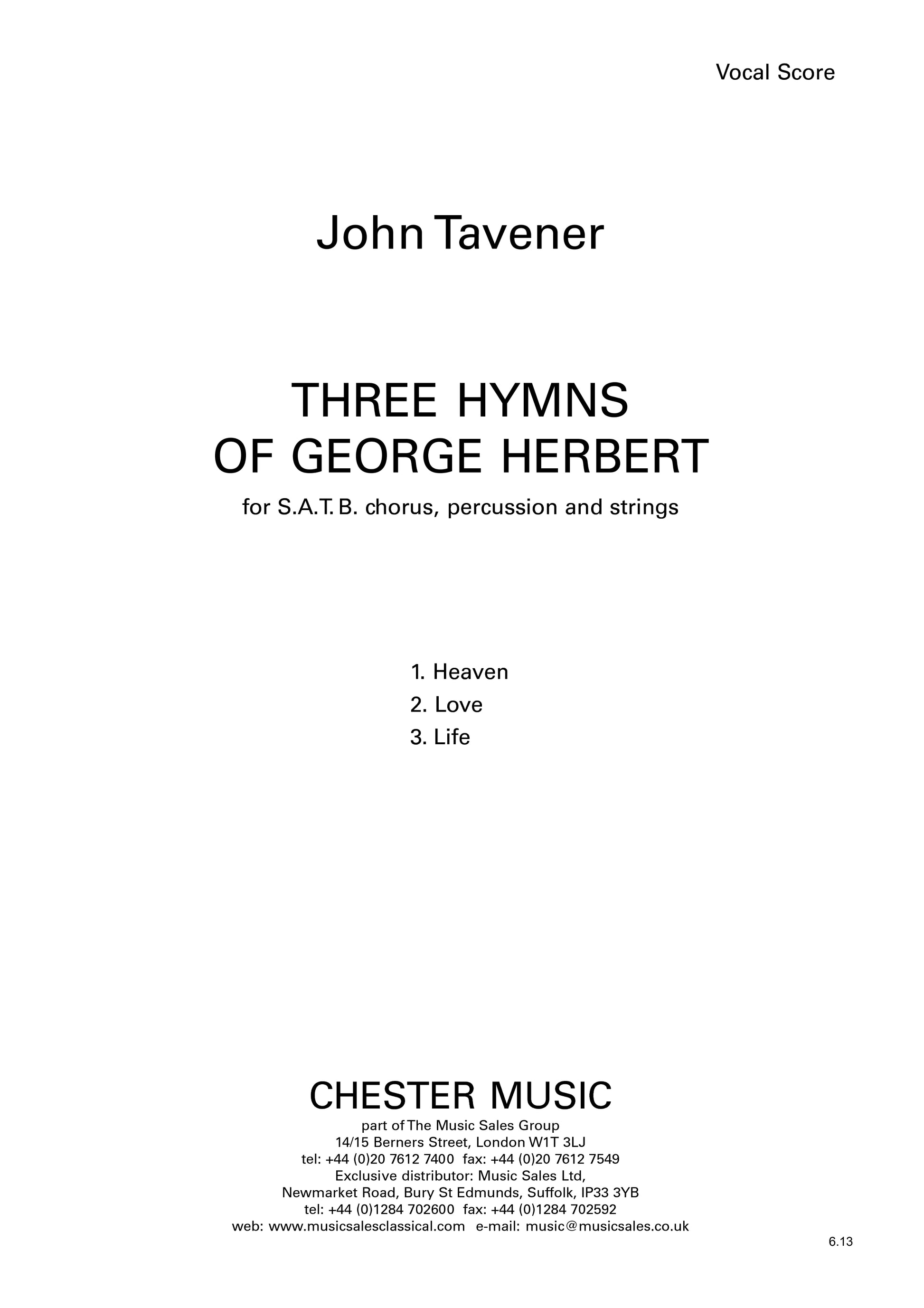 Three Hymns Of George Herbert de John Tavener, Réduction pour piano pour sATB et Piano