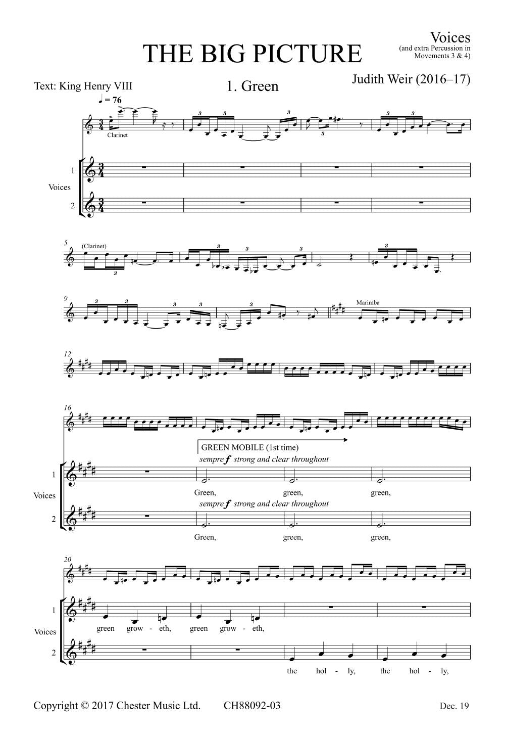 The Big Picture (Voices/Extra Percussion Parts) de Judith Weir, Jeu de parties pour chœur à l'unisson et Percussion
