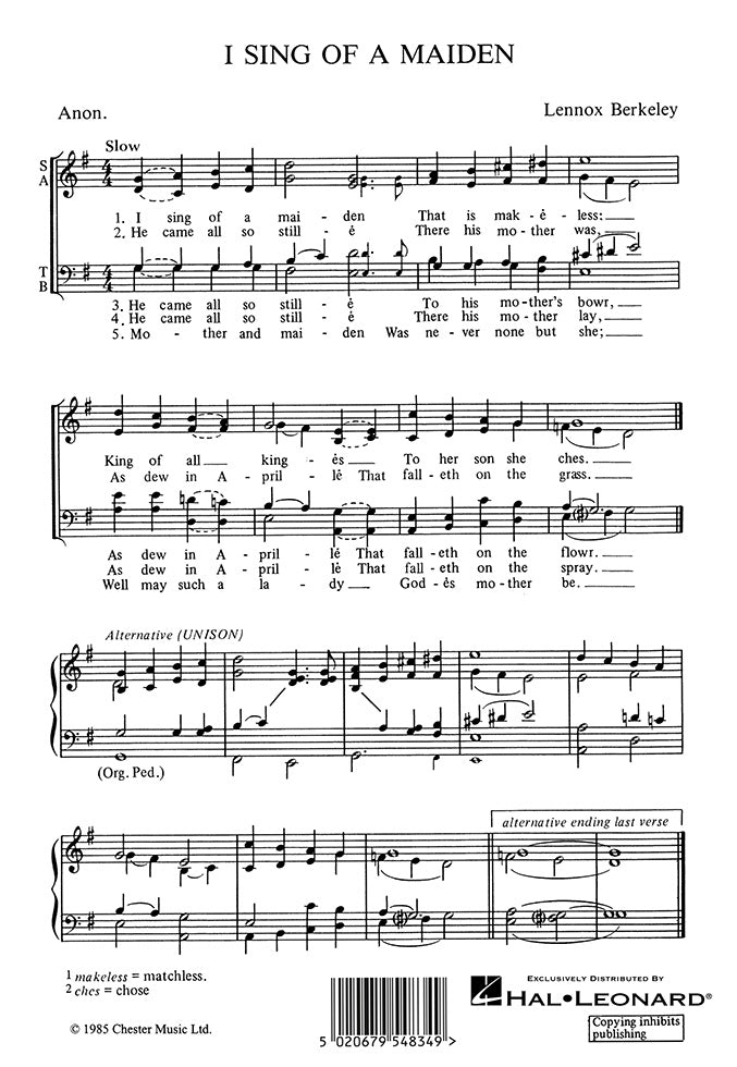 I Sing Of A Maiden de Lennox Berkeley, Partition chorale pour sATB et Orgue