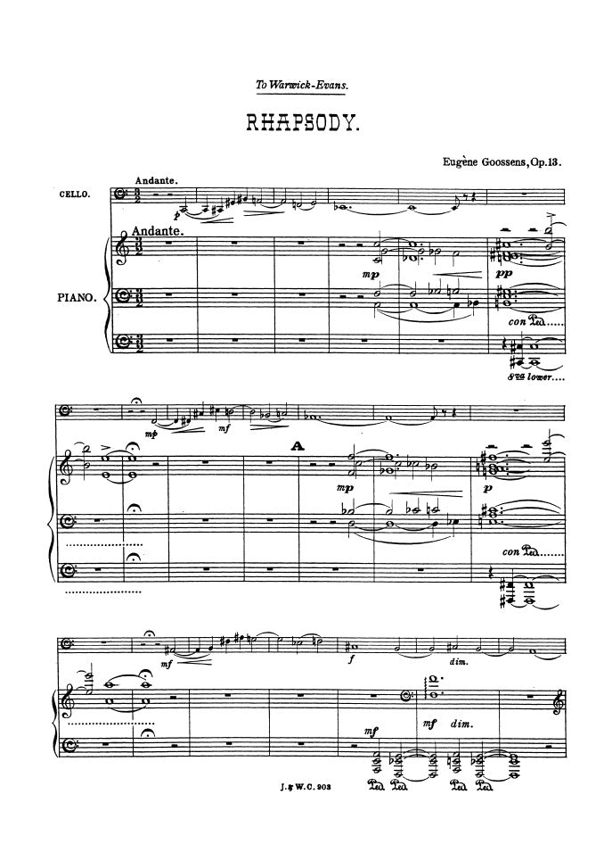 Rhapsodie Op.13 de Eugene Goossens, Livre pour violoncelle et Piano