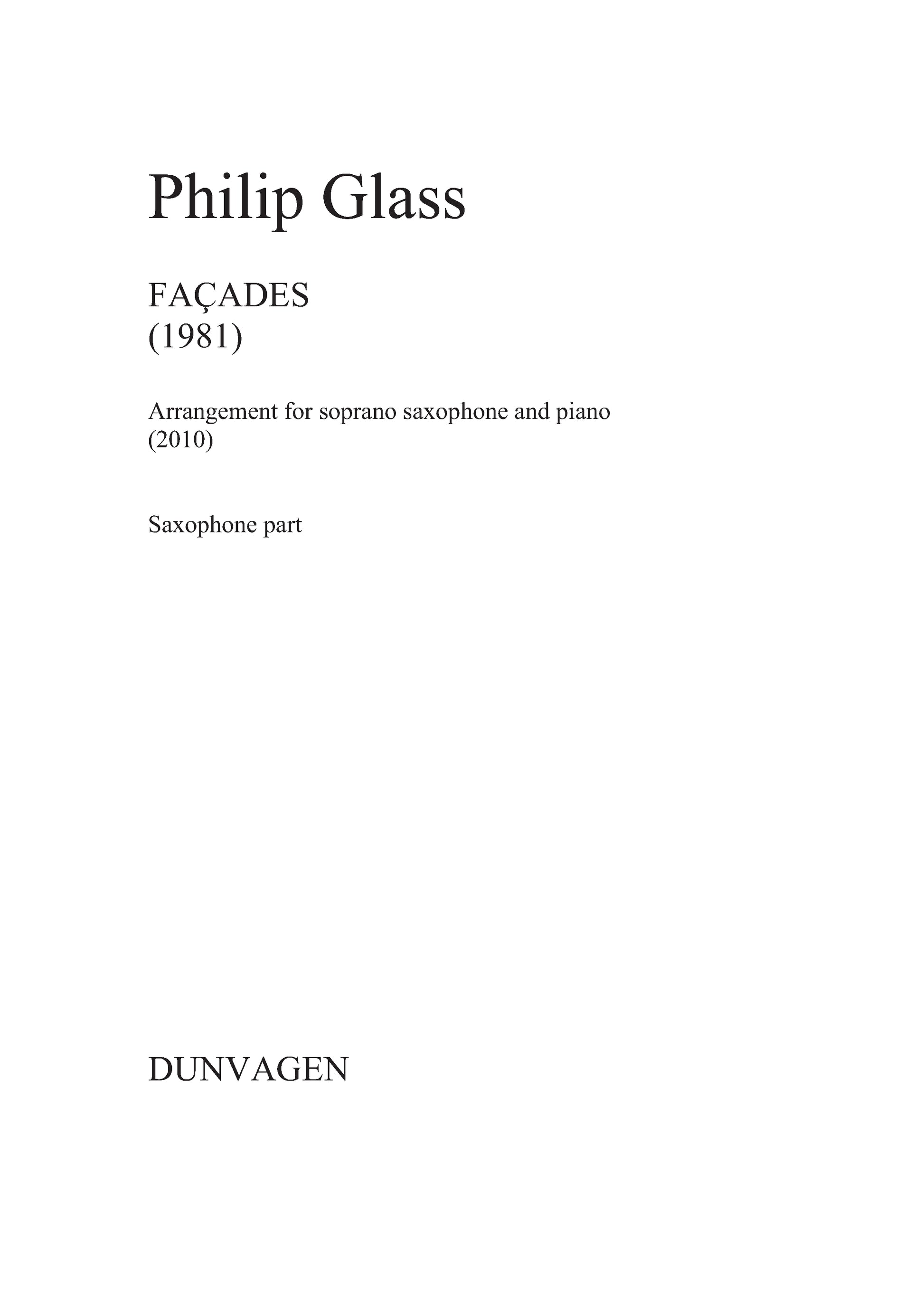 Facades de Philip Glass, Livre pour saxophone soprano et Piano