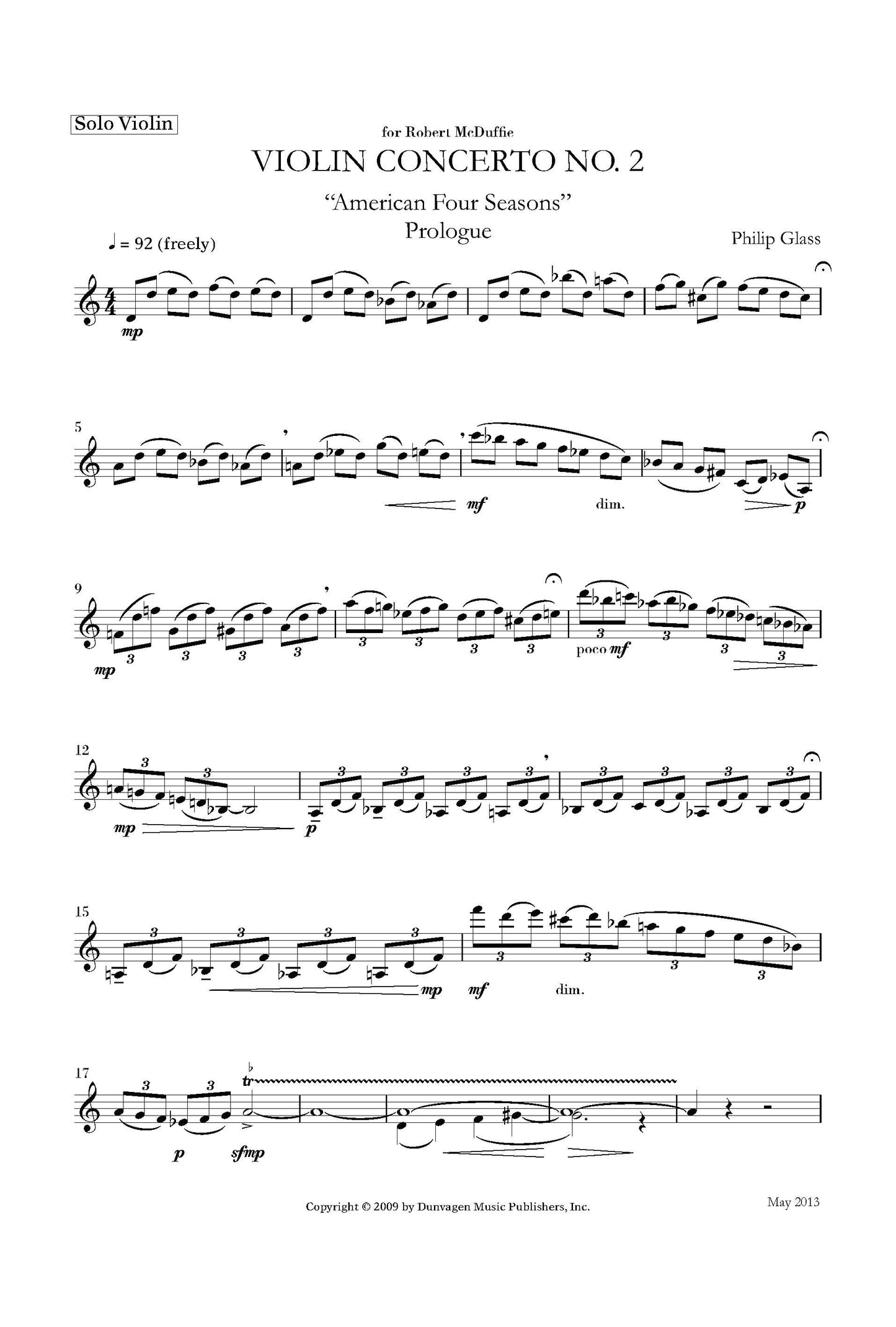 Violin Concerto No.2 de Philip Glass, Partie séparée pour violon