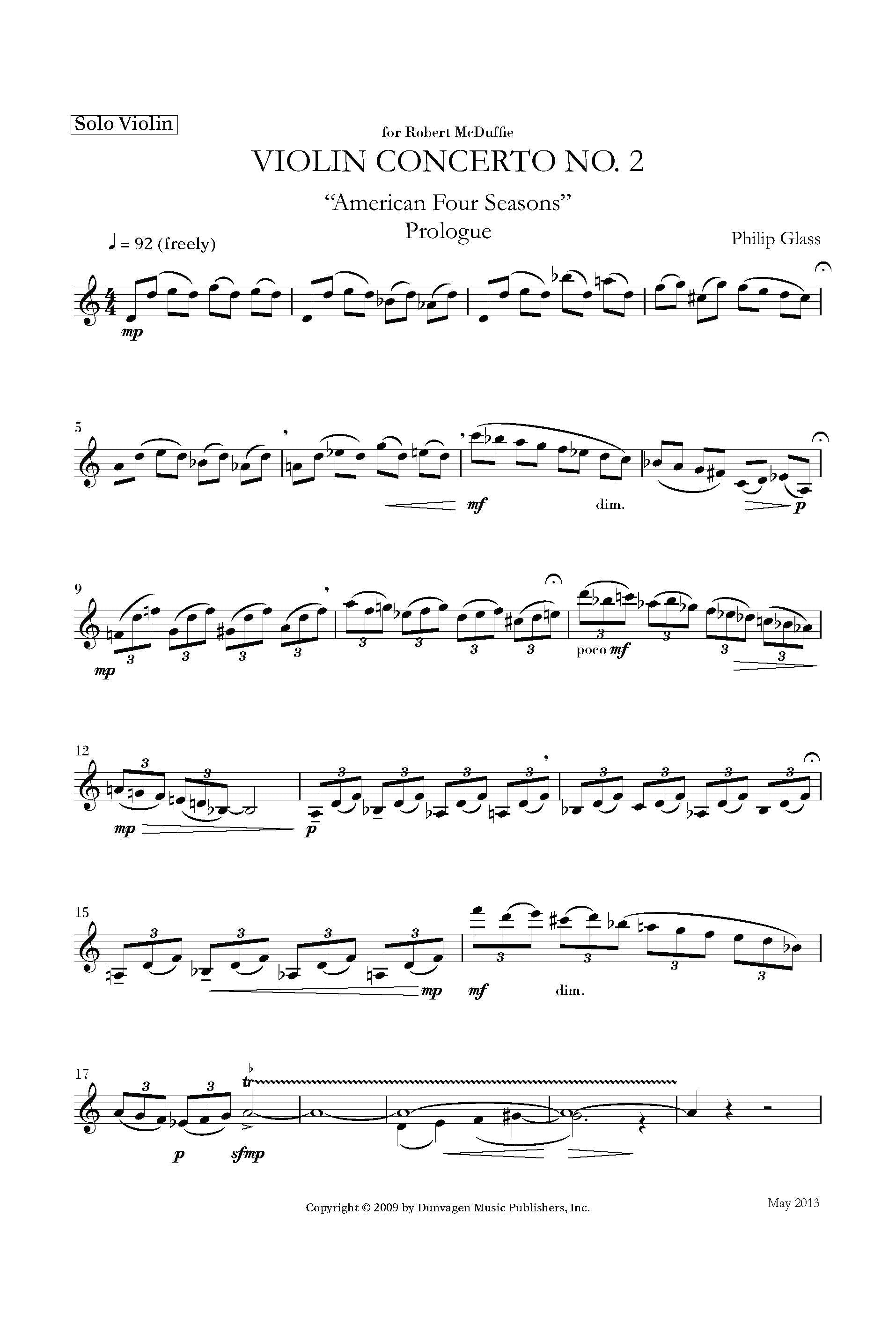 Violin Concerto No.2 de Philip Glass, Partie séparée pour violon