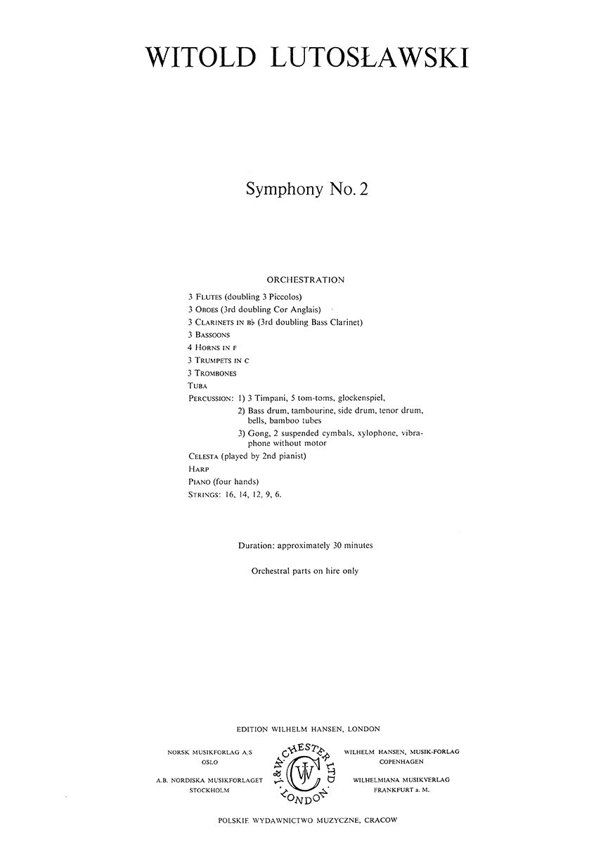 Symphony No.2 de Witold Lutoslawski, Partition pour orchestre