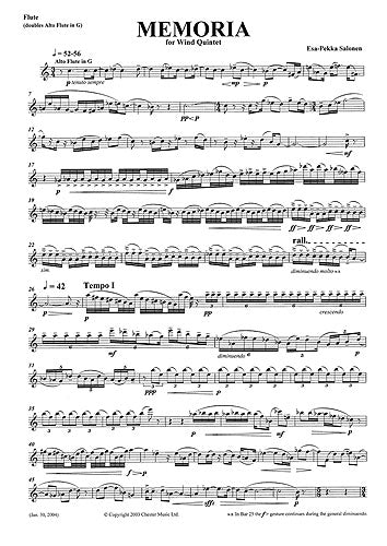 Memoria For Wind Quintet de Esa-Pekka Salonen, Jeu de parties pour quintette à vent